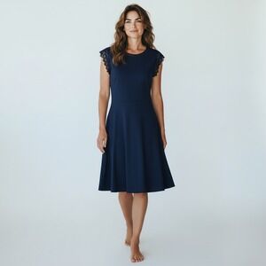 TALBOTS Navy Fit Flare Knit Dress Sz M Eyelet Lace Sleeve Preppy Coastal Office